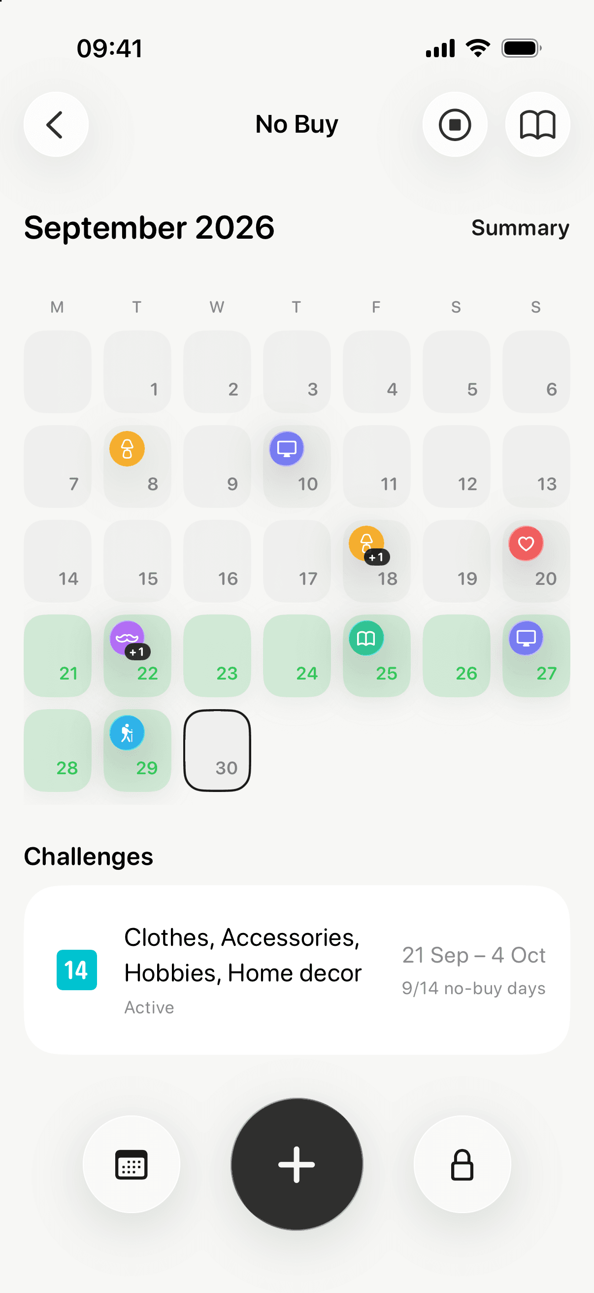 No Buy calendar with a running 14-day challenge and checked-in days