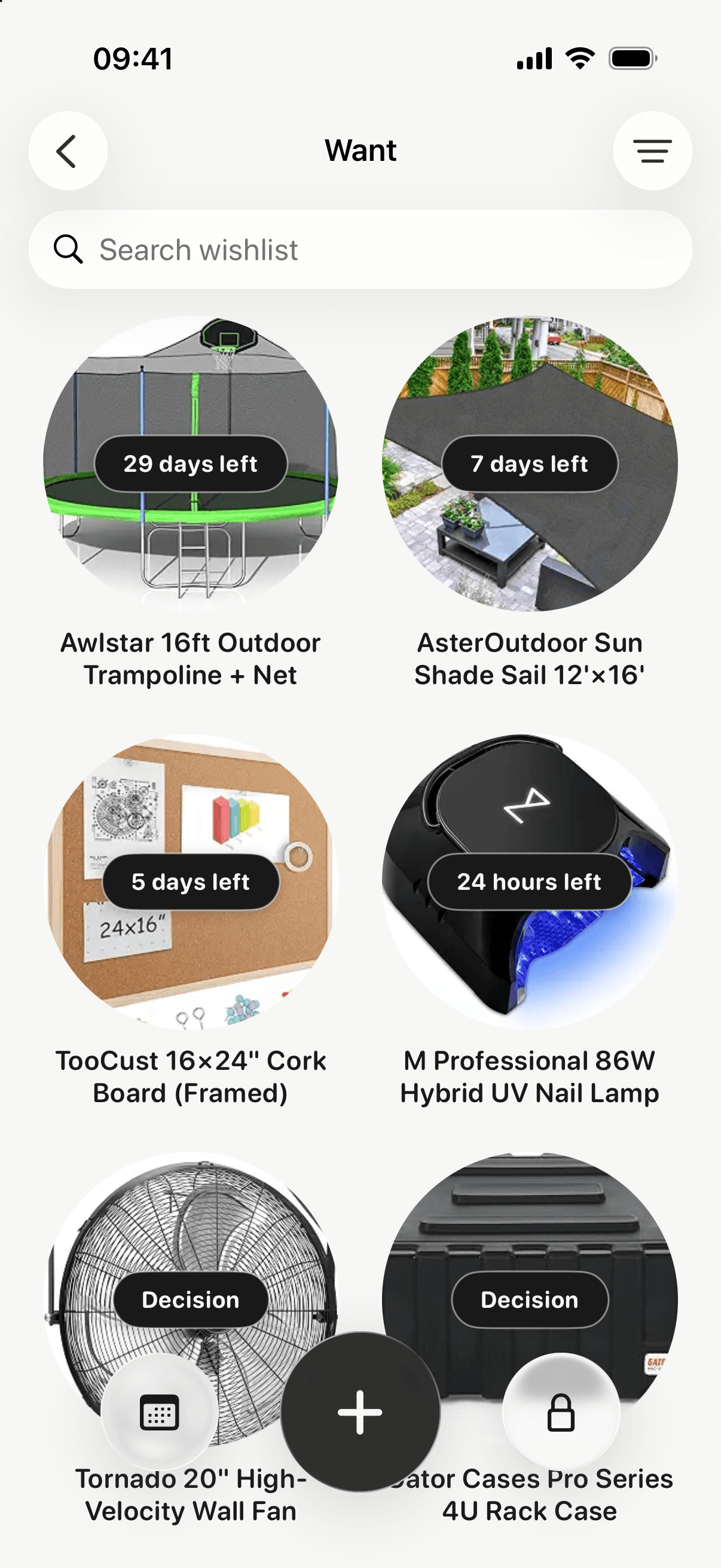 Wishlyr wishlist grid with saved products and time left on each waiting period